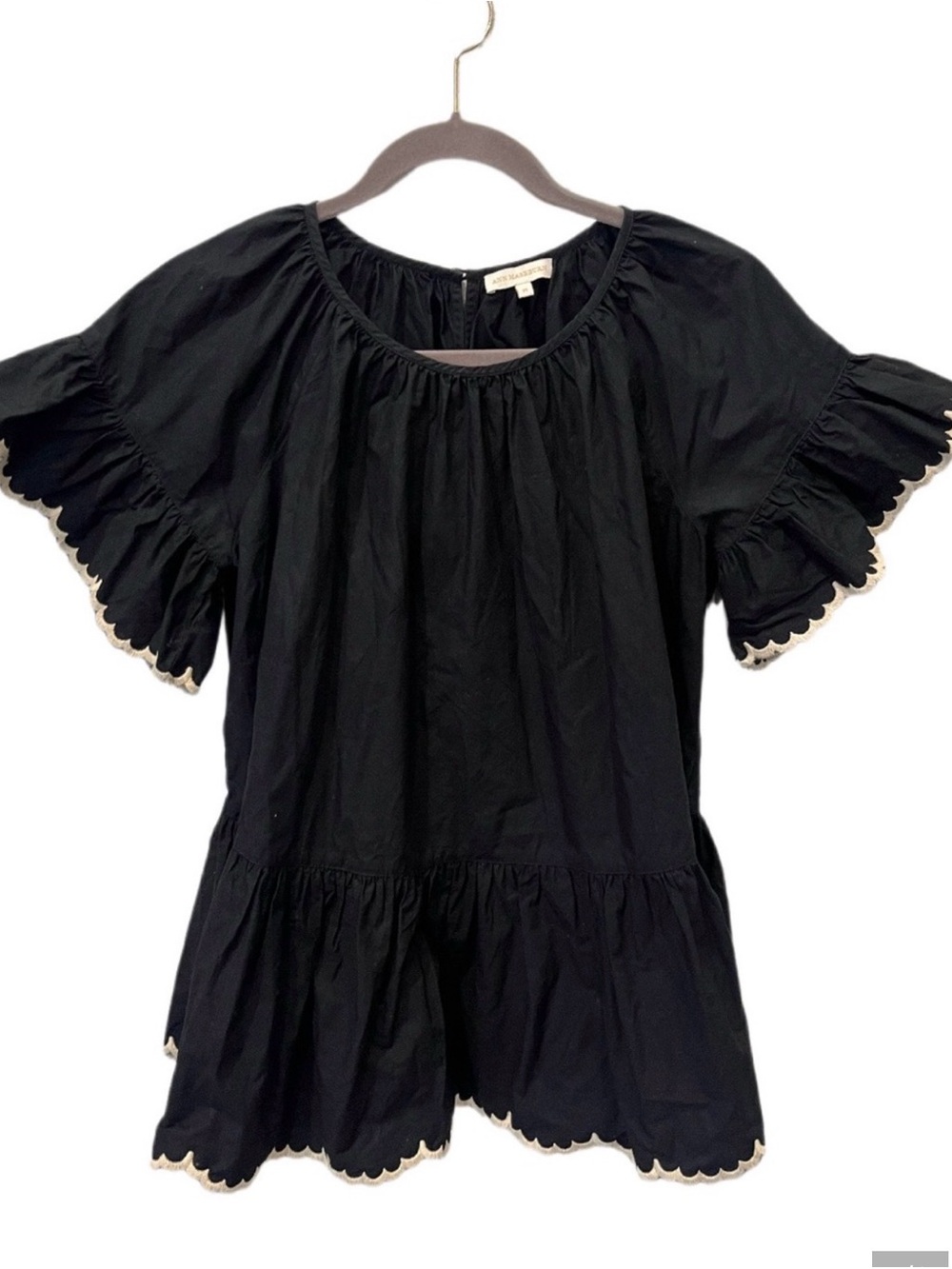 Ann Mashburn Black Peasant Top Size Medium Scalloped Trim Effortless Chic